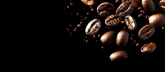 Aromatic coffee beans scattered on a dark background with a smooth black texture providing ample copy space for branding and advertisements