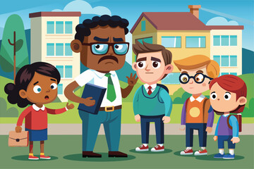 A teacher addresses a group of students about issues of racist bullying in a school yard, Racist bullying Customizable Cartoon Illustration