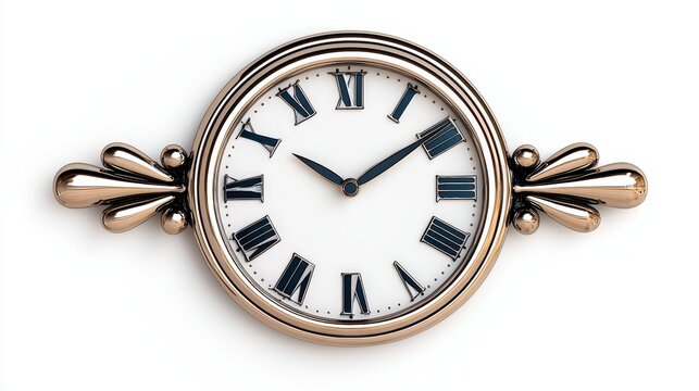 Elegant clock on a pristine white background with a silver end-of-year garland featuring clock designs isolated