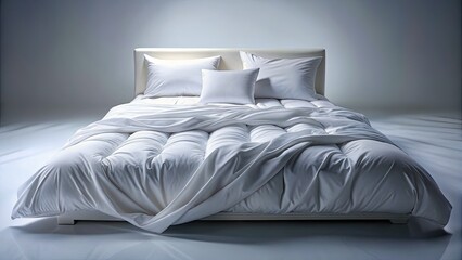 Obraz premium Isolated white bed, bathed in bright light. Minimalist bedroom setting, long-exposure shot showcasing clean, white bedding.