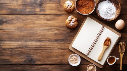 Baking recipe book mockup. Empty notebook page surrounded by baking ingredients on wooden table.