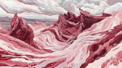 Surreal red oil painting of mountains and valleys under cloudy sky