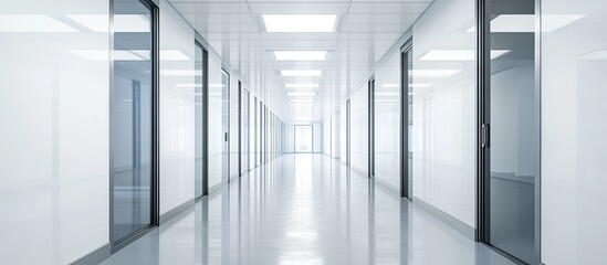 Obraz premium Contemporary office corridor featuring sleek glass partitions and glossy white floors illuminated by bright overhead lights creating a spacious feel
