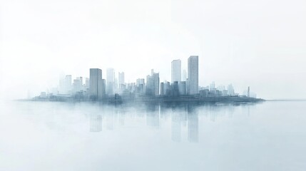 Obraz premium Misty city skyline reflected in calm water; urban landscape, website background
