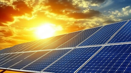 Solar panels in field, angled upwards, reflecting sunlight with cloudy sky