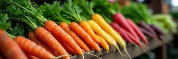 Fresh rainbow carrot bunches, rustic market setting , market, harvest