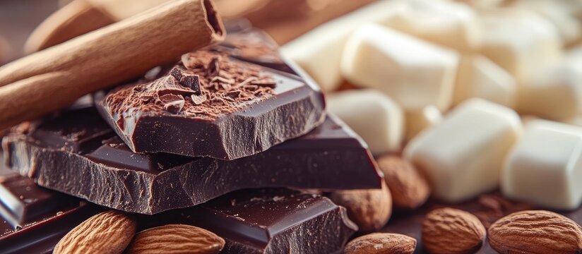 Still life arrangement of dark chocolate squares, white chocolate chunks, almonds, and cinnamon sticks on a wooden surface with a blurred background.