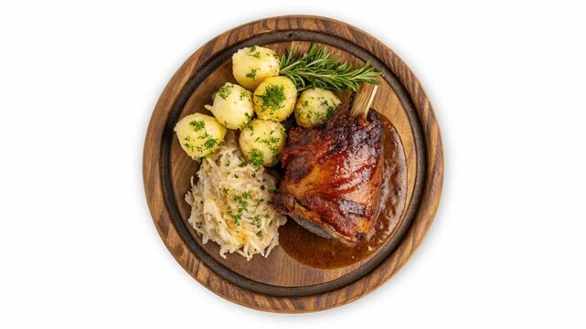 Pork knuckle. Seamless Loop. It has a ruddy, golden-brown crust. The meat inside is tender and juicy. On the plate. Potato dumplings. Sauerkraut. Fresh herbs. 
