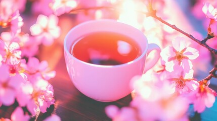 White cup filled with herbal tea placed on a wooden table surrounded by cherry blossoms, soft natural light, minimalistic style,