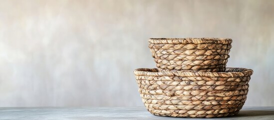 Natural woven baskets made from water hyacinth in earthy tones stacked on a light textured surface against a muted background for storage solutions