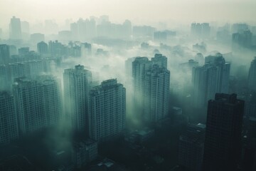 Fototapeta premium A city shrouded in thick smog, highlighting the urgent need for cleaner air and environmental awareness.