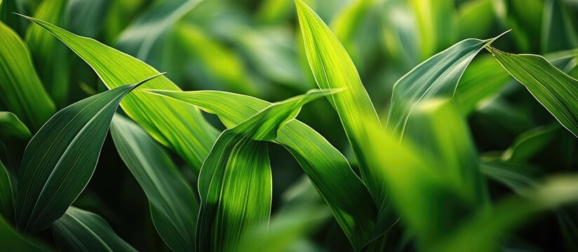 Close up of vibrant green corn leaves illuminated by sunlight with sharp textures and shadows creating depth in a lush field setting
