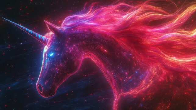 Compose a scene of a mythical cyber-unicorn, neon technicolor mane flowing in a digital wind, photorealistic illustration
