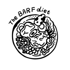 Vector black and white illustration of balanced food, for animals, with bones and raw meat in a plate on a white isolated background