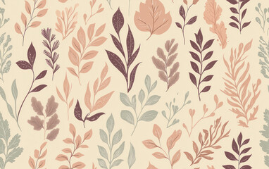 Floral Pattern with Various Leaves and Branches in Pale Peach, Dusty Rose, and Sage Green