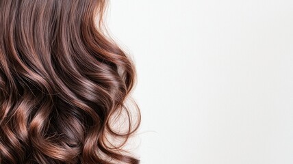 Naklejka premium Curly brown dark Hair dye Close-up highlighting natural volume and radiant shine against pristine white background Copy space for text