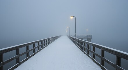 Fototapeta premium Serene Winter Pier: A Misty, Snow-Covered Pathway Extending into the Foggy Horizon
