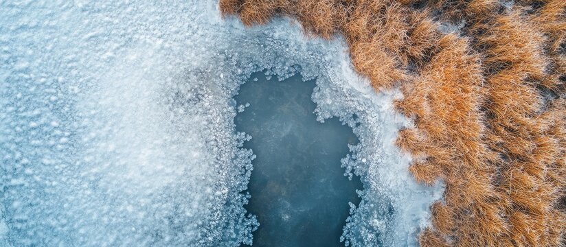 Frozen winter swamp with aerial view showcasing icy patches of blue water surrounded by textured brown grass and frost in bright daylight.