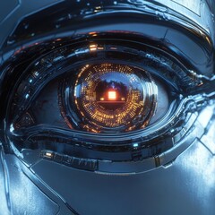 Create a cybernetic eye with futuristic HUD, metallic textures in CG 3D