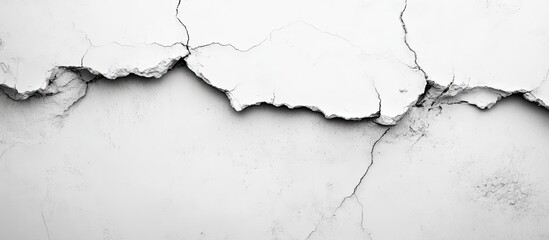 Obraz premium Abstract cracked white plaster backdrop with deep fissures prominently displayed across the center creating a textured, weathered effect.