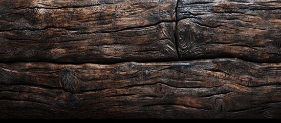 Obraz premium Dark brown wooden texture with uneven surfaces and deep grooves creating rich detail and ample copy space in a horizontal layout.