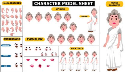 Old, young beautiful indian woman in saree, spritesheet of woman character, including eyes blink, lip sync and hand poses and face expressions
