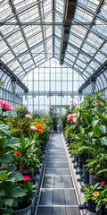  A robotic garden in a vast metallic greenhouse with intricate automation