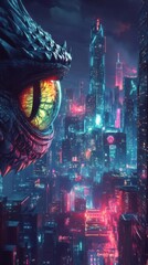 Fototapeta premium Design a dragons eye gazing at a futuristic cyber city teeming with high-tech elements, neon hues, and sci-fi vibes, in a digital art format