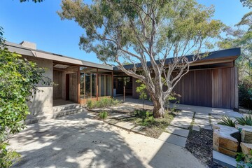 Fototapeta premium A contemporary residence enveloped in lush greenery, featuring an architecturally distinctive design and basking in abundant sunlight