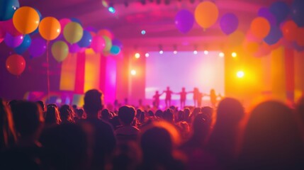Scenic view of a festive event with children performing a skit on stage, surrounded by colorful banners and balloons, lively and cheerful, inviting and vibrant