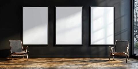 An empty space waiting for artwork, set on a black wall and wooden floor.