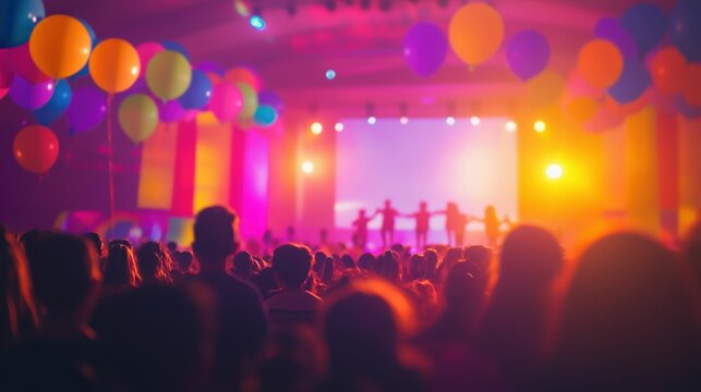 Scenic view of a festive event with children performing a skit on stage, surrounded by colorful banners and balloons, lively and cheerful, inviting and vibrant