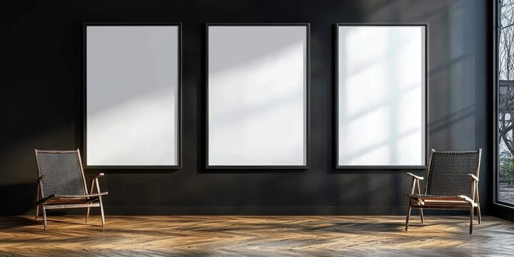 An empty space waiting for artwork, set on a black wall and wooden floor.