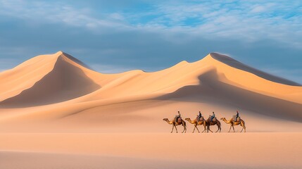 In the heart of the Sahara Desert, a group of travelers embarks on an adventurous journey atop dromedary, Egypt tour advertisement photograph