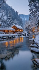 Fototapeta premium Snow-covered cabin by a tranquil river at twilight.