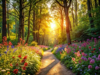 Naklejka premium Nature's photography: a sun-dappled forest path, alive with vibrant blooms and tranquil beauty.