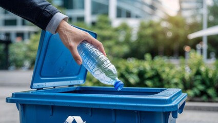 A person is responsibly placing a plastic bottle in a recycling bin for proper disposal