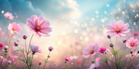 Delicate Pink Cosmos Blossoms in a Soft, Dreamy Field at Dawn