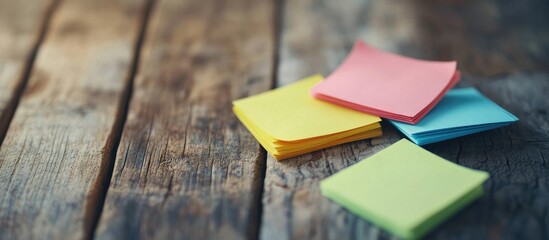 Colorful sticky notes in yellow, pink, and blue arranged on a rustic wooden background with selective focus and warm tones creating a cozy atmosphere