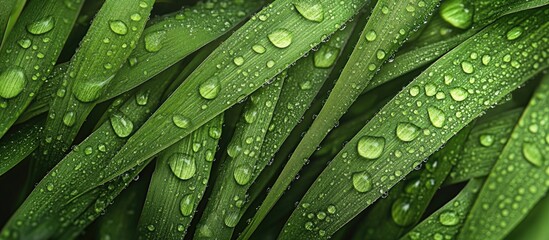 Fototapeta premium Close up of vibrant green grass blades adorned with glistening water droplets creating a fresh and natural background space for text.