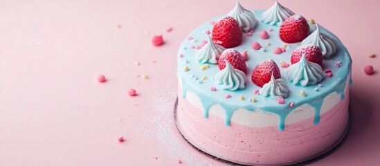 Birthday strawberry cake adorned with pink and blue cream, sprinkled with colorful candy, set against a soft pink background.