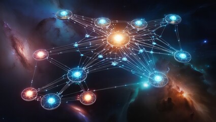 A Cosmic Network Of Interconnected Nodes Shining Brightly Against A Nebula Backdrop, A Vibrant Display Of Digital Constellations Glowing With Ethereal Light