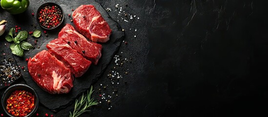 Raw marbled beef steaks arranged on dark slate with colorful spices and herbs in bowls, featuring greens and reds against a black background.