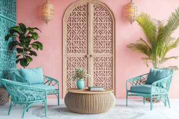 Pink-walled patio lounge area with teal wicker chairs, arched wooden door, and hanging lanterns