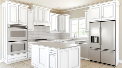 Stylish kitchen merging technical blueprint with photorealistic rendering, representing architecture, interior design, and home remodeling visualization