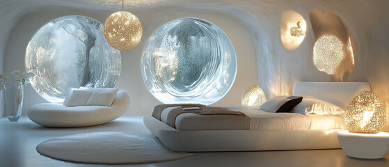 Upscale modern bedroom with sleek white furniture, ambient lighting, and circular windows-2