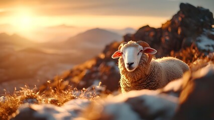 Obraz premium A sheep stands on a rocky hillside at sunset, surrounded by a warm glow and distant mountains. Concept Sheep at Sunset, Rocky Hillside, Warm Glow, Distant Mountains, Nature Photography