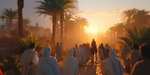 Fototapeta premium Palm Resurrection, Entry of the Lord into Jerusalem, Jesus Christ on a donkey. Christian photography for church religious Easter publications 
