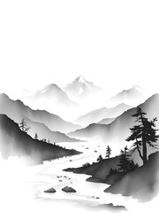  Serene Mountain Landscape in Ink Painting with Soft Grayscale Tones