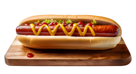 Hot dog with a zigzag of mustard on the wooden desk a cut out